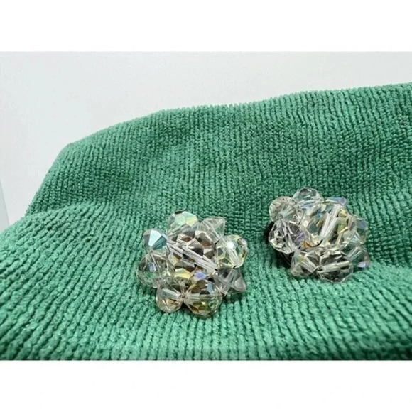 Vintage Clear Acrylic Faceted Beaded Choker Necklace 17" Clip On Earrings German - Picture 4 of 13